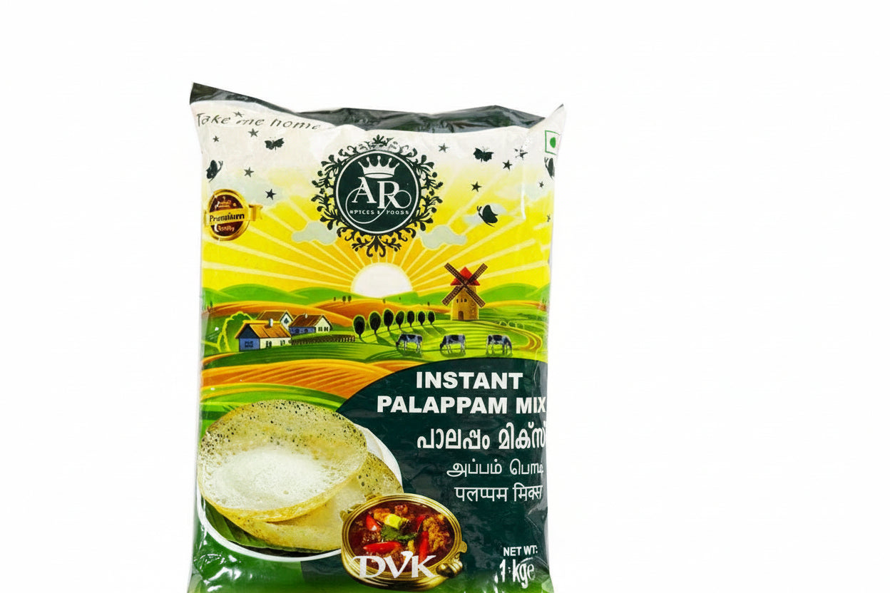 Packaged instant palappam mix with scenic design on a white background