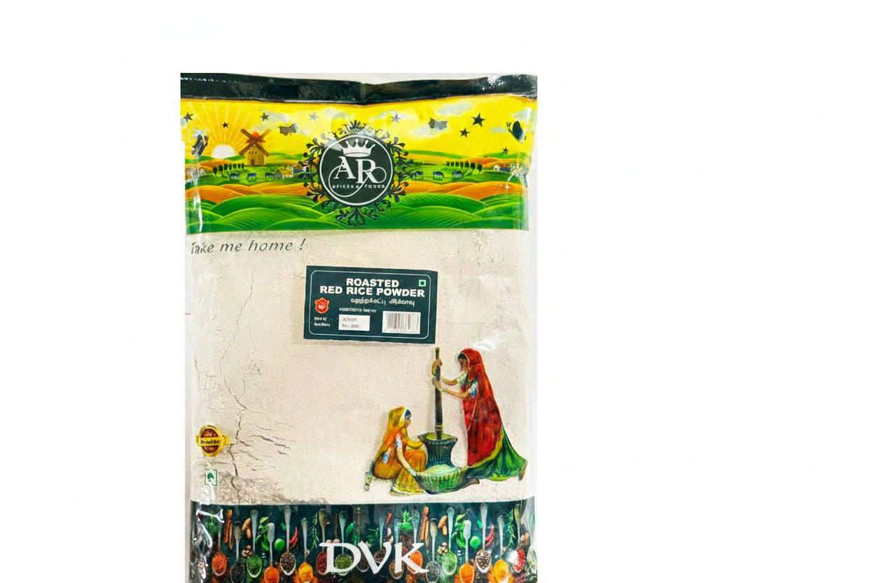 Package of roasted red rice powder with colorful design on a white background