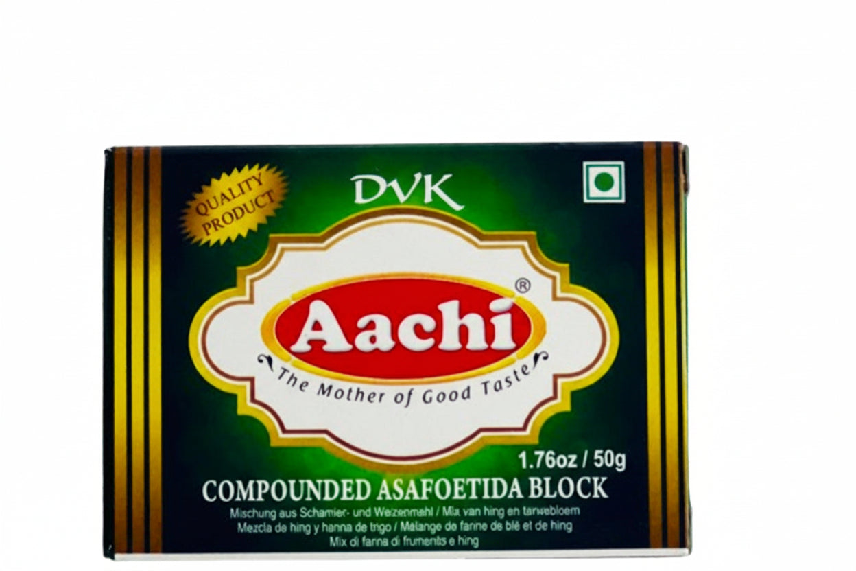 Aachi compounded asafoetida block packaging on a white background