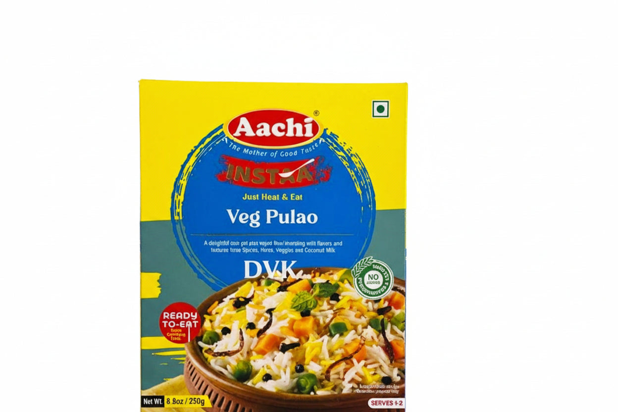 Aachi Veg Pulao instant meal packaging on a white background