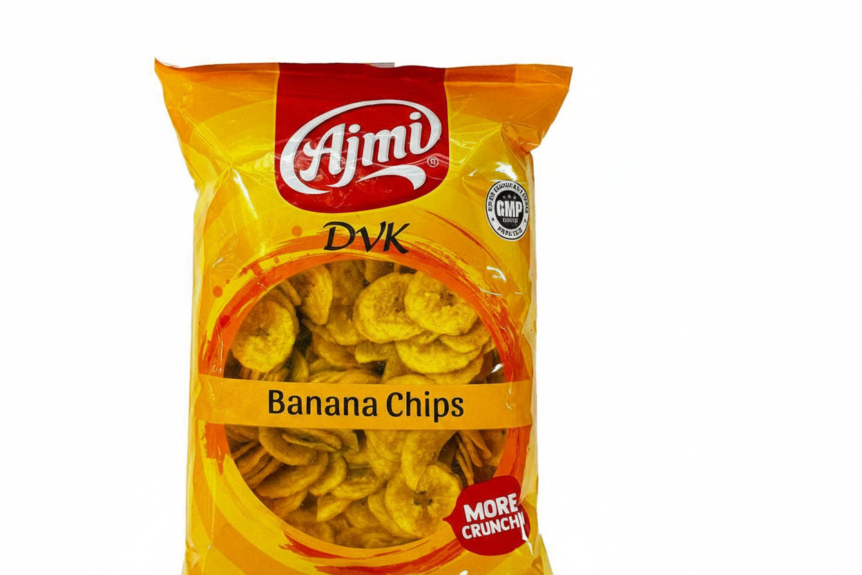 Bag of Ajmi banana chips on a white background