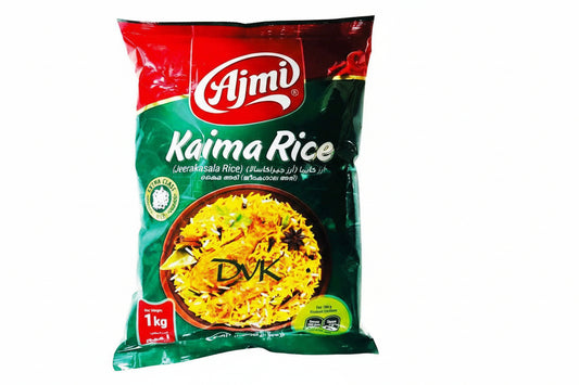 Ajmi Kaima Rice packaging with a bowl of rice on a white background