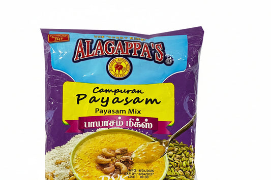 Alagappa's Campuran Payasam Payasam Mix packaging with a bowl of payasam and spoon on a white background.