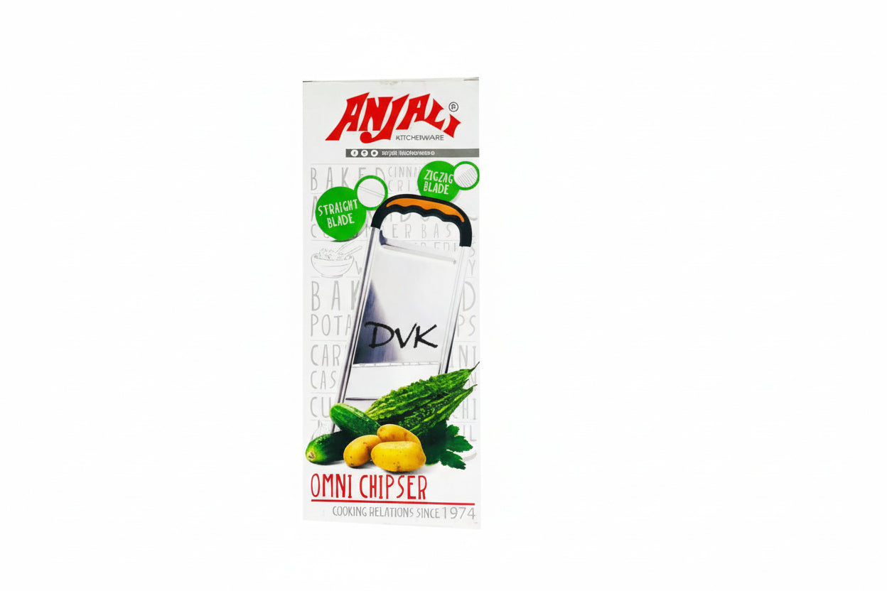 Anjali kitchenware product packaging with a knife and vegetables on a white background