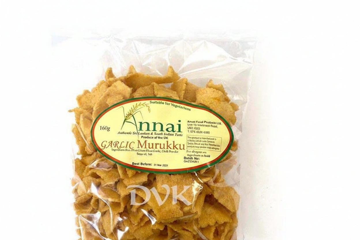 Packaged garlic murukku with a visible brand label on a white background