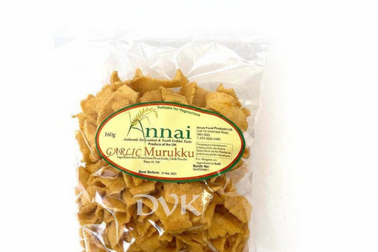 Packaged garlic murukku with a visible brand label on a white background