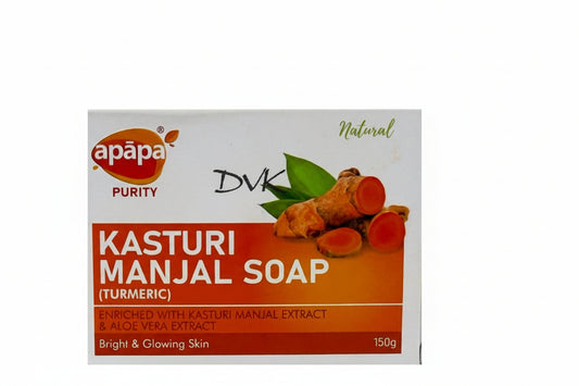Apapa Kasturi Manjal Soap packaging with turmeric and aloe vera on a white background