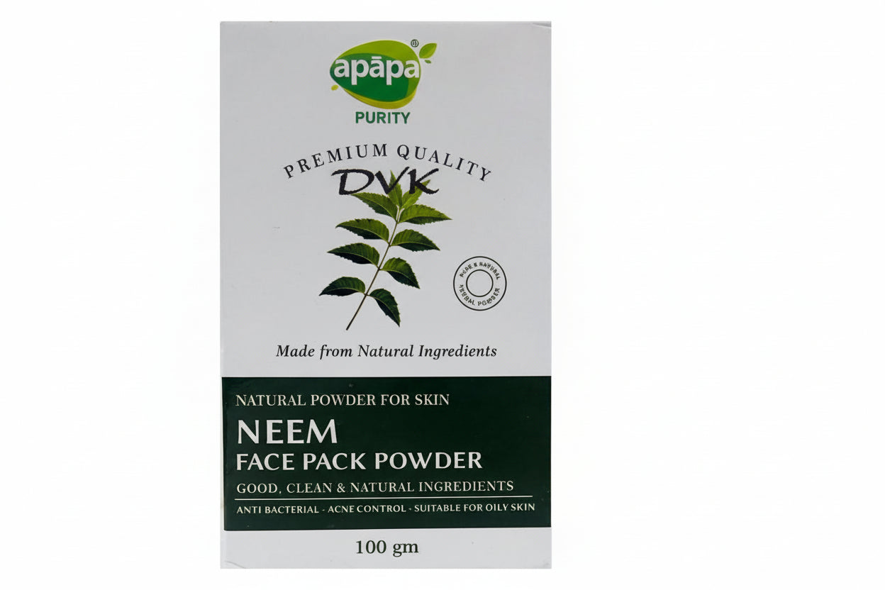 Box of Apapa Neem Face Pack Powder with green leaf illustration on a white background