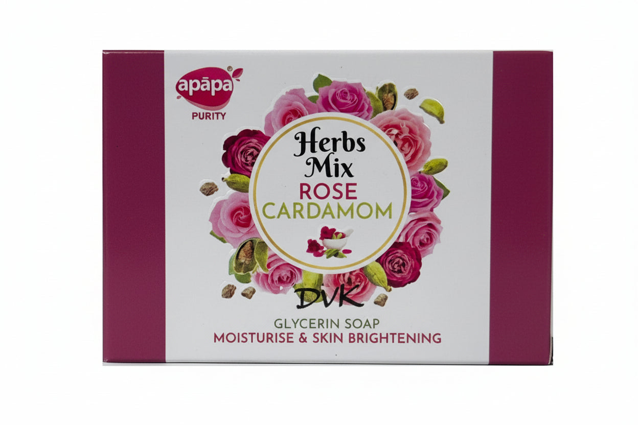 Soap bar with 'Herbs Mix Rose Cardamom' packaging on a white background