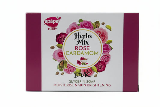 Soap bar with 'Herbs Mix Rose Cardamom' packaging on a white background