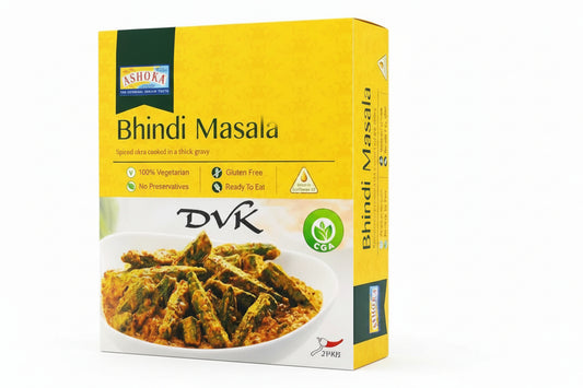 Box of Ashoka Bhindi Masala with a picture of okra dish on a yellow background