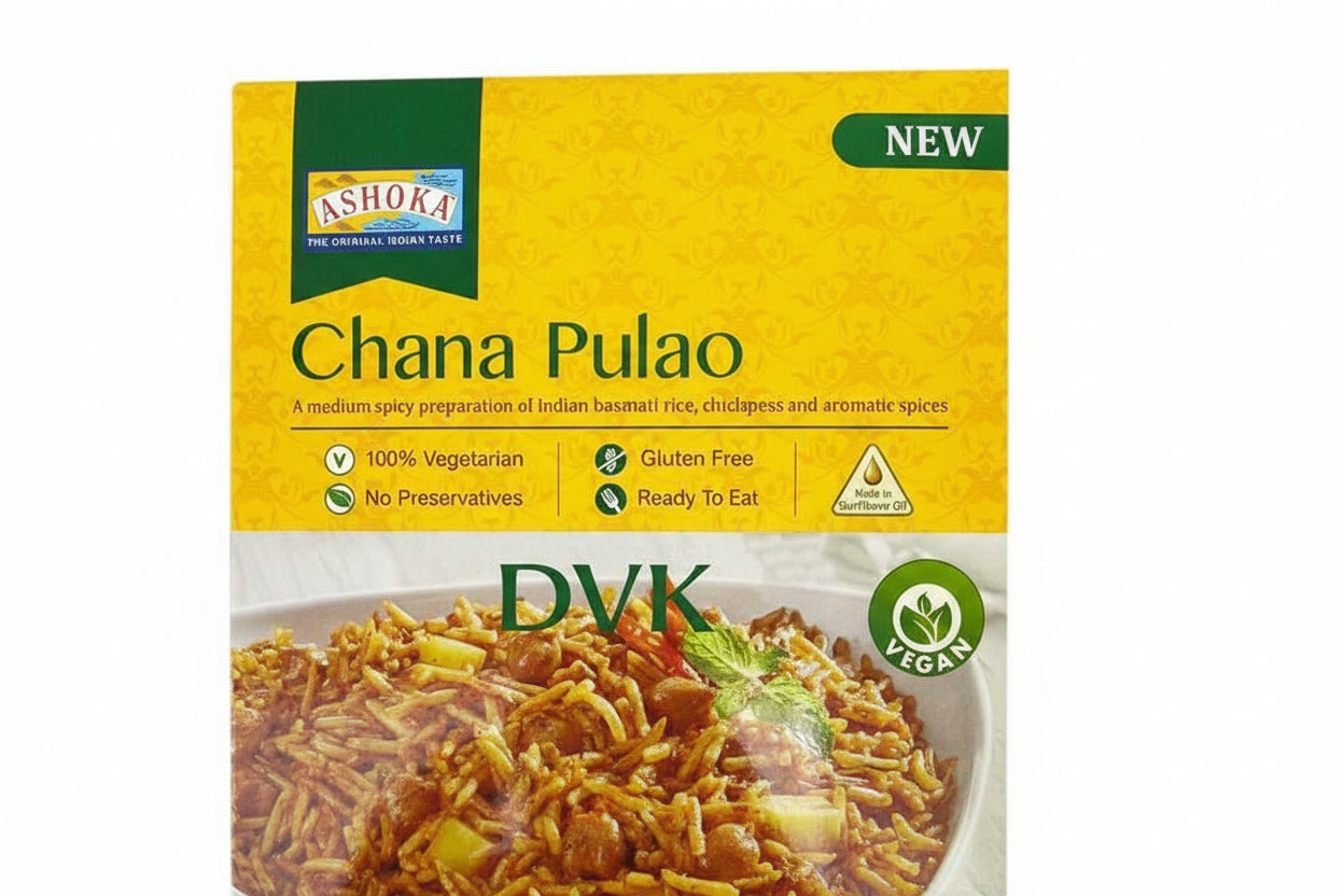 Box of Ashoka Chana Pulao with a picture of the dish on a yellow background