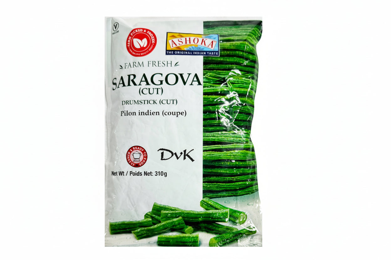 Packaged green drumsticks with Ashoka brand label on a white background