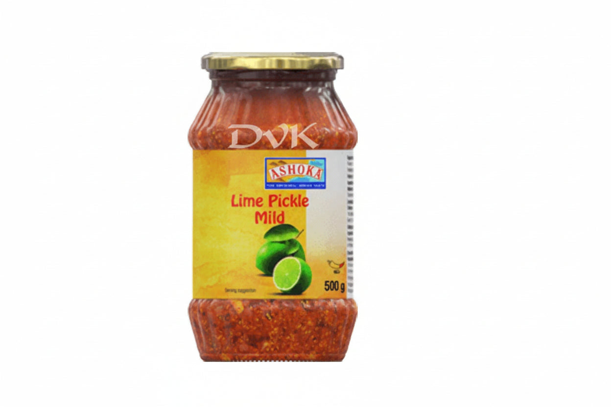 Jar of Ashoka Lime Pickle Mild with a yellow label on a white background