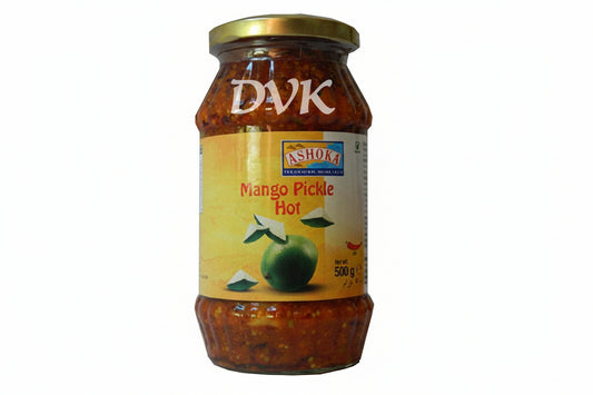 Jar of Ashoka Mango Pickle Hot with a gold lid on a white background
