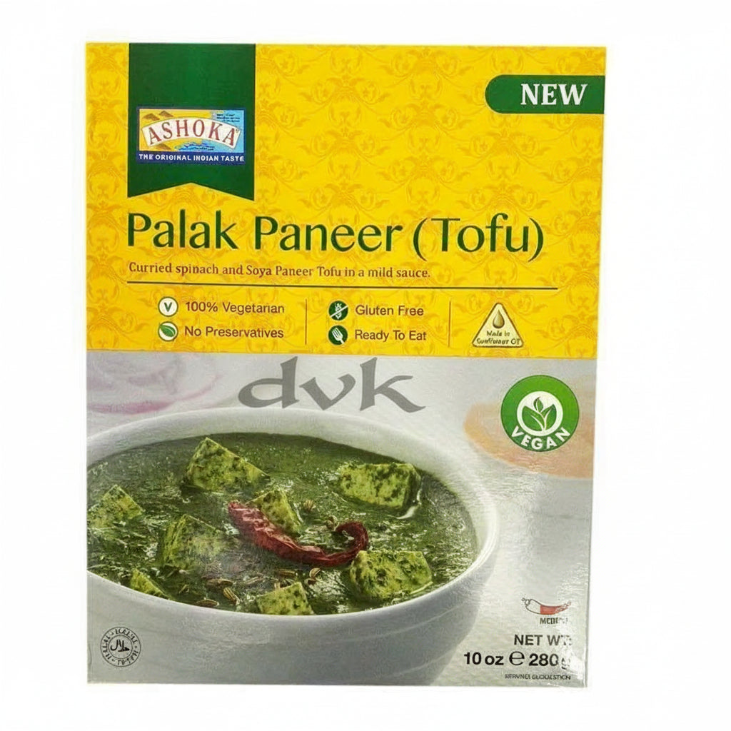 Packaging of Ashoka Palak Paneer Tofu with a bowl of the product on a white background