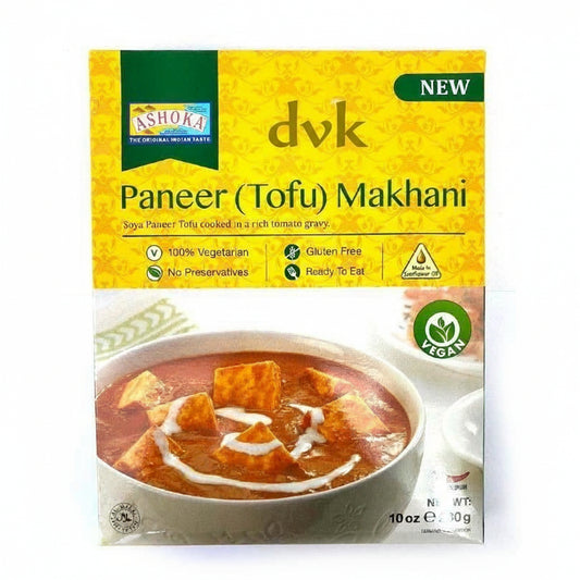 Paneer (Tofu) Makhani packaging with a bowl of soup on a white background