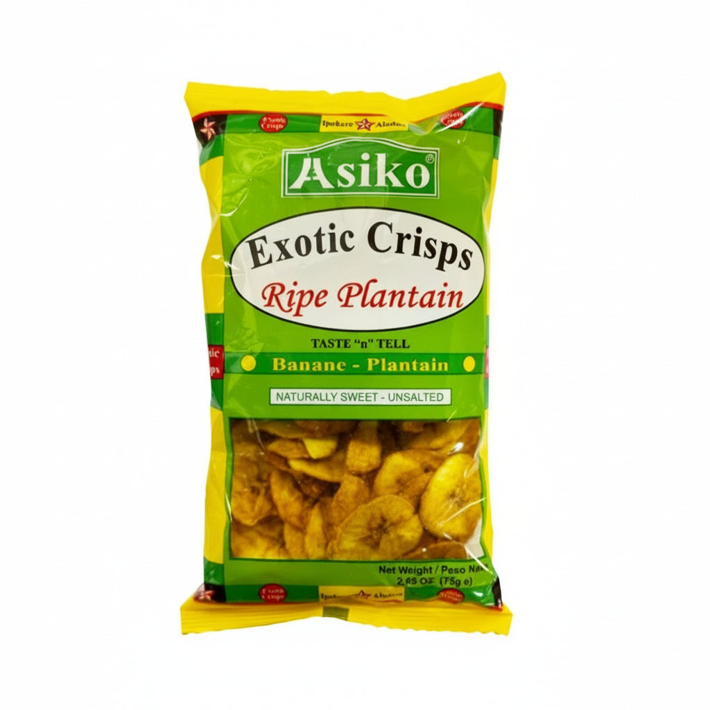 Packaged snacks labeled 'Exotic Crisps Ripe Plantain' by Asiko on a white background