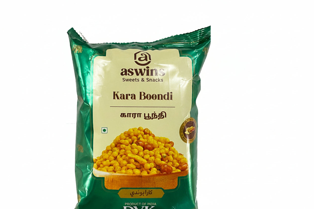 Packaged snack named 'Kara Boondi' by Aswins on a white background