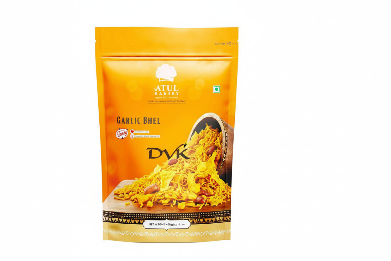 Orange packaging of Atul Bakery Garlic Bhel with a bowl of snack on a white background