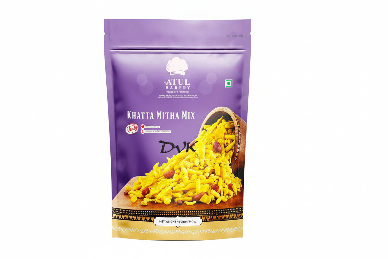 Purple packaging of Khatta Mitha Mix from Atul Bakery with yellow content.