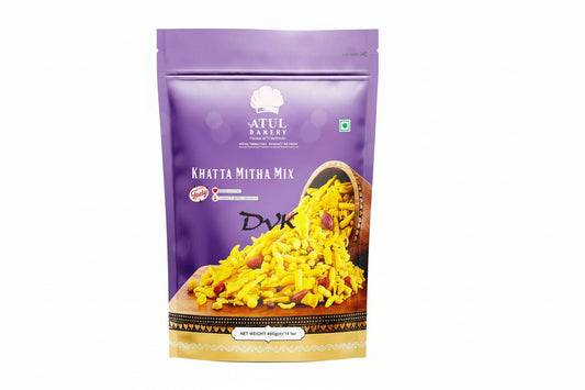 Purple packaging of Khatta Mitha Mix from Atul Bakery with yellow content.