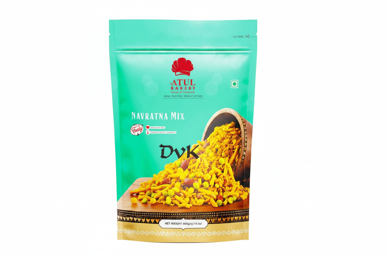 Atul Bakery Navratna Mix packaging with yellow snack mix on a white background