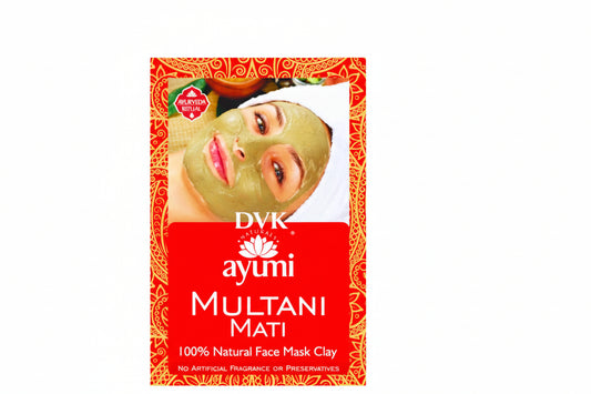 Ayumi Multani Mati face mask clay packaging with a woman wearing a green mask.