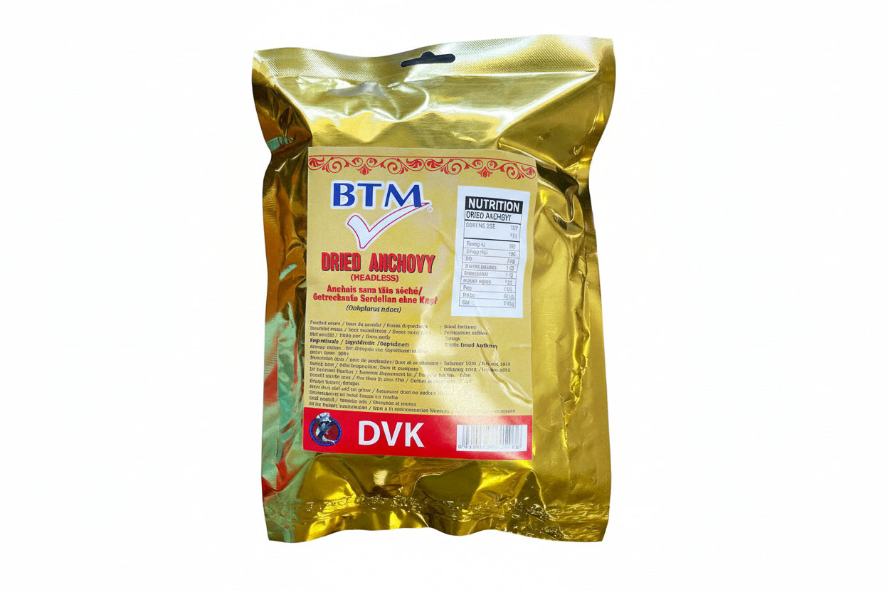 Gold package of BTM dried anchovy on a white background