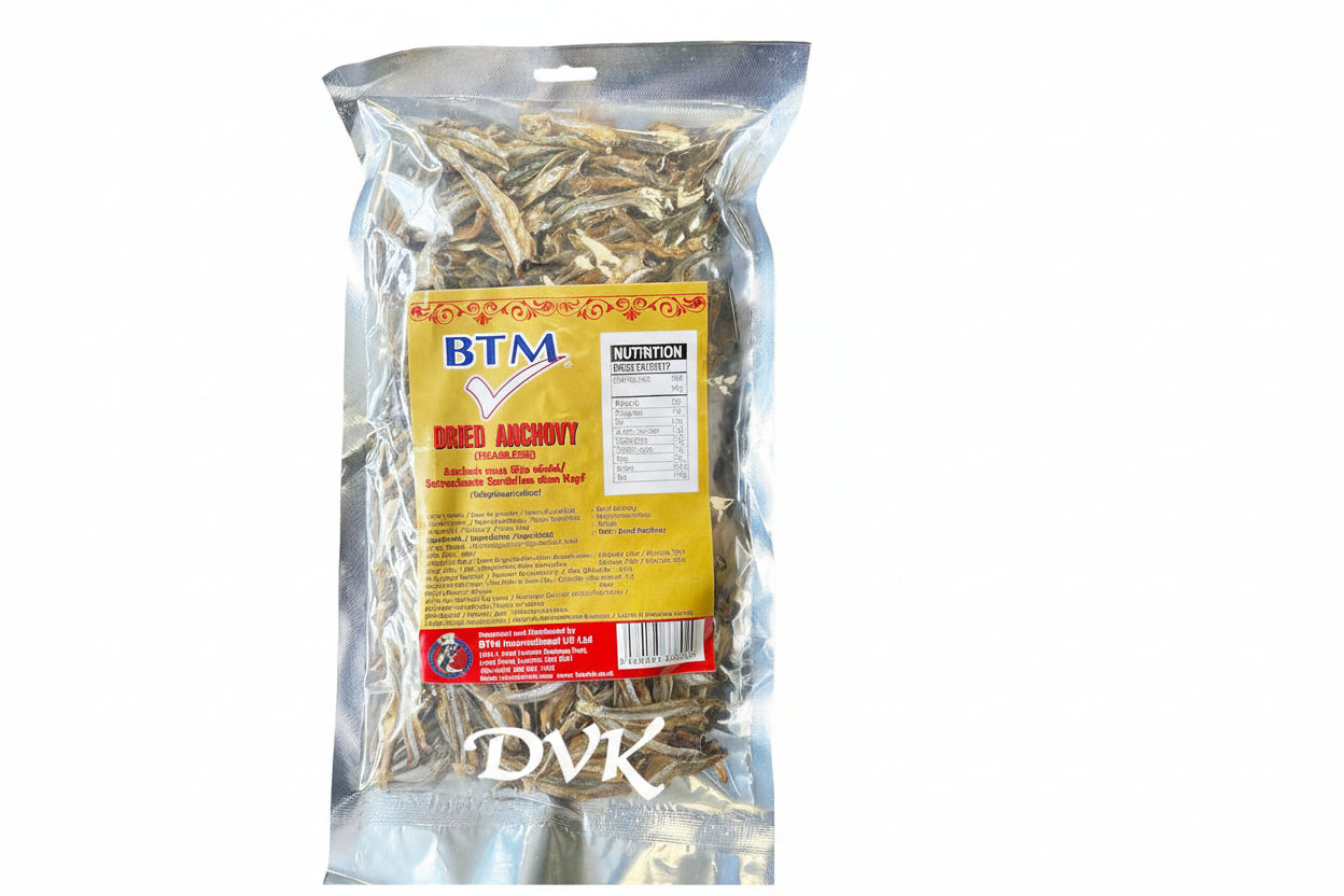 Bag of dried anchovies with BTM label on a white background