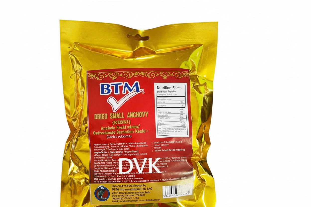 Gold packaging of BTM dried small anchovy with red label on a white background