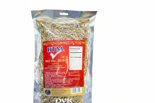 Bag of dried small anchovies with BTM label on a white background