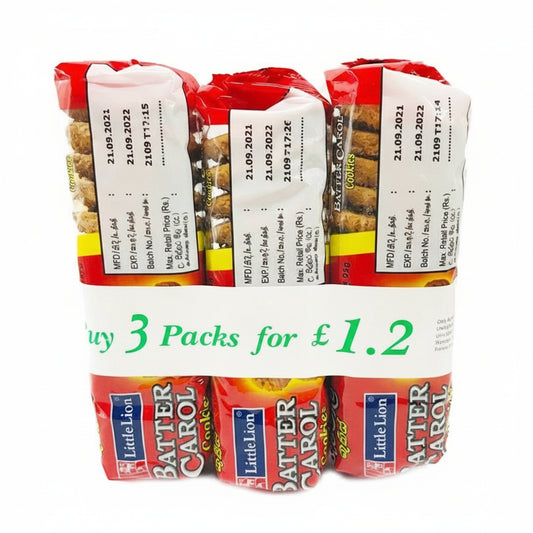 Three packs of Little Lion Batter Carol with a promotional label on a white background