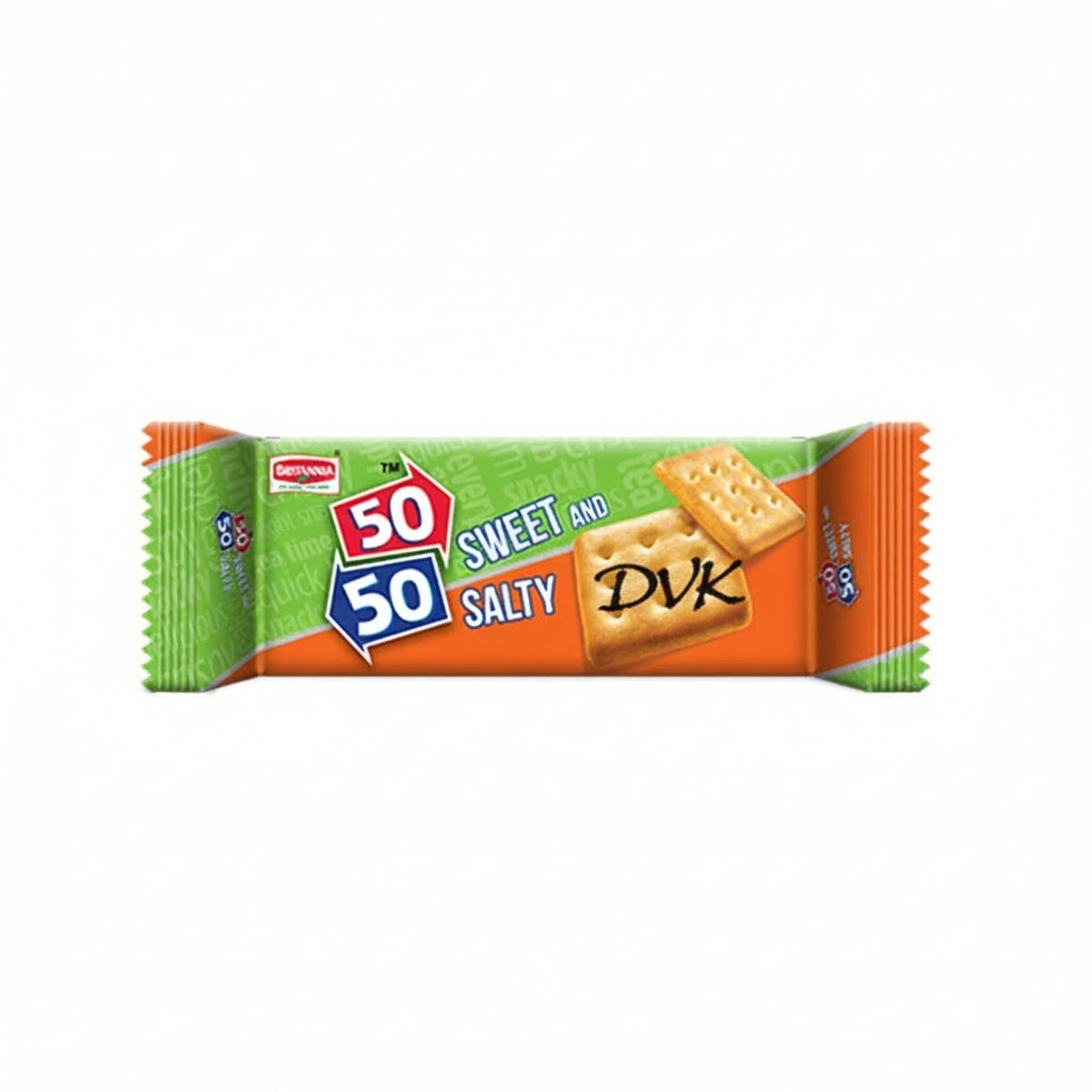 Packaged snack bar with '50/50 Sweet and Salty' label on a white background