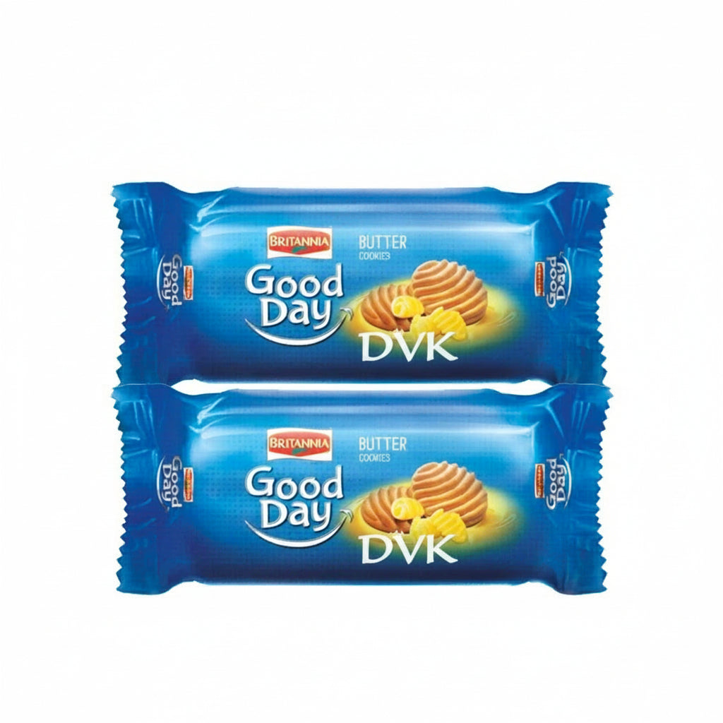 Two blue packages of Britannia Good Day  butter cookies on a white background