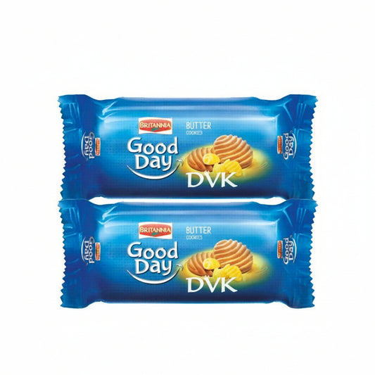 Two blue packages of Britannia Good Day  butter cookies on a white background