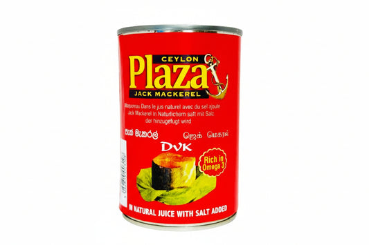 Red can of Ceylon Plaza Jack Mackerel on a white background