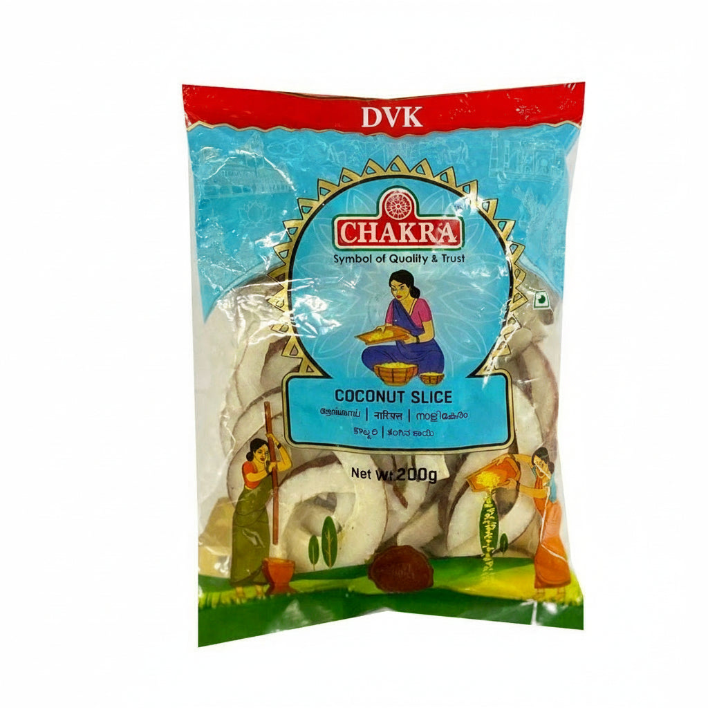 Packaged coconut slices with Chakra brand label on a white background