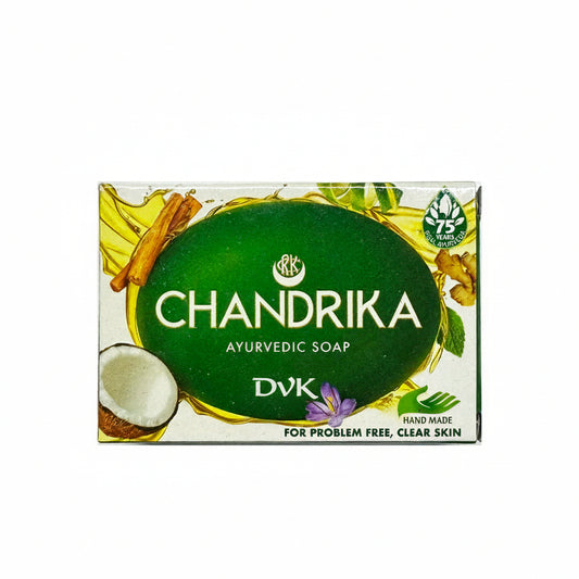 Chandrika Ayurvedic Soap packaging on a white background