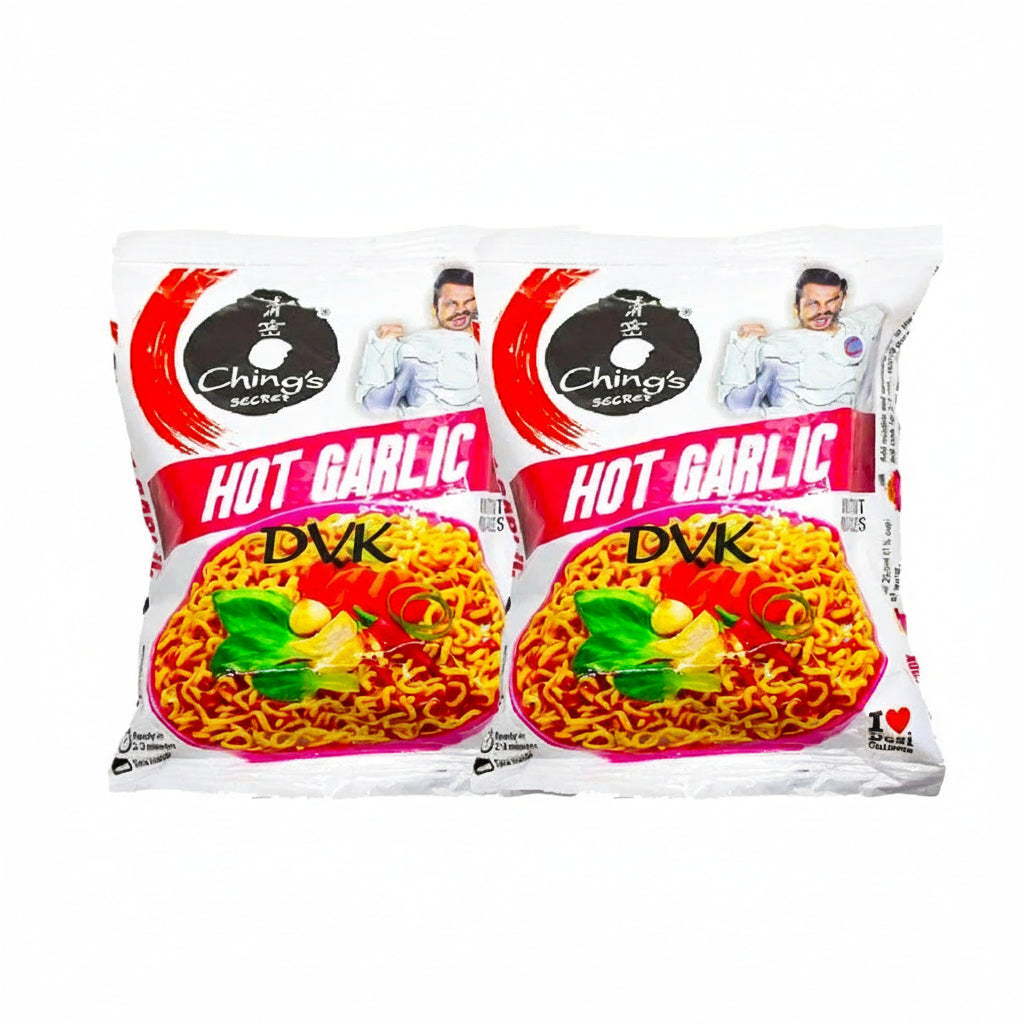 Two packages of Ching's Secret Hot Garlic noodles on a white background