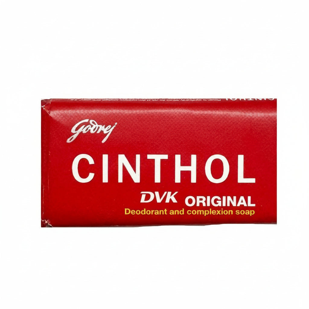 Red Cinthol soap bar with white text on a white background