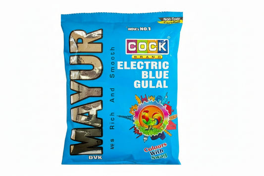 Blue packet of COCK Brand Electric Blue Gulal with colorful design on a white background