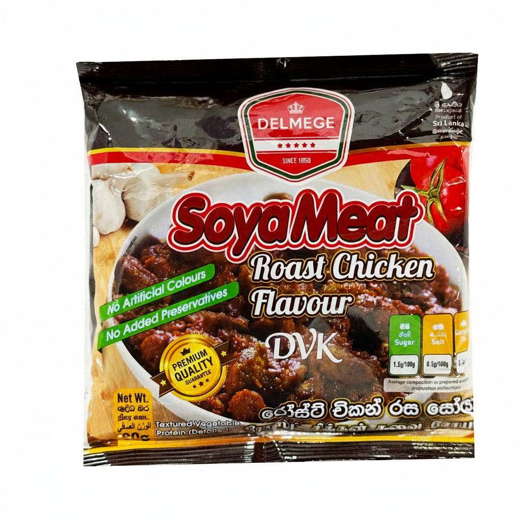 Packaged Delmege soya meat with roast chicken flavor on a white background