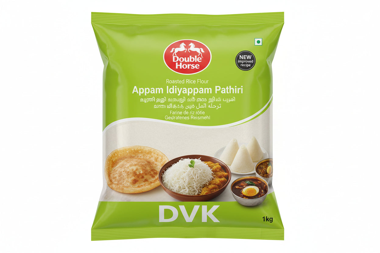 Packaging of Double Horse Roasted Rice Flour with images of food items on a white background