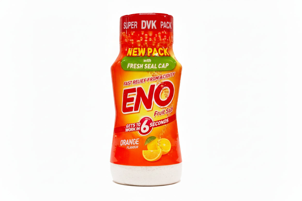 ENO fruit salt packet with orange flavor on a white background