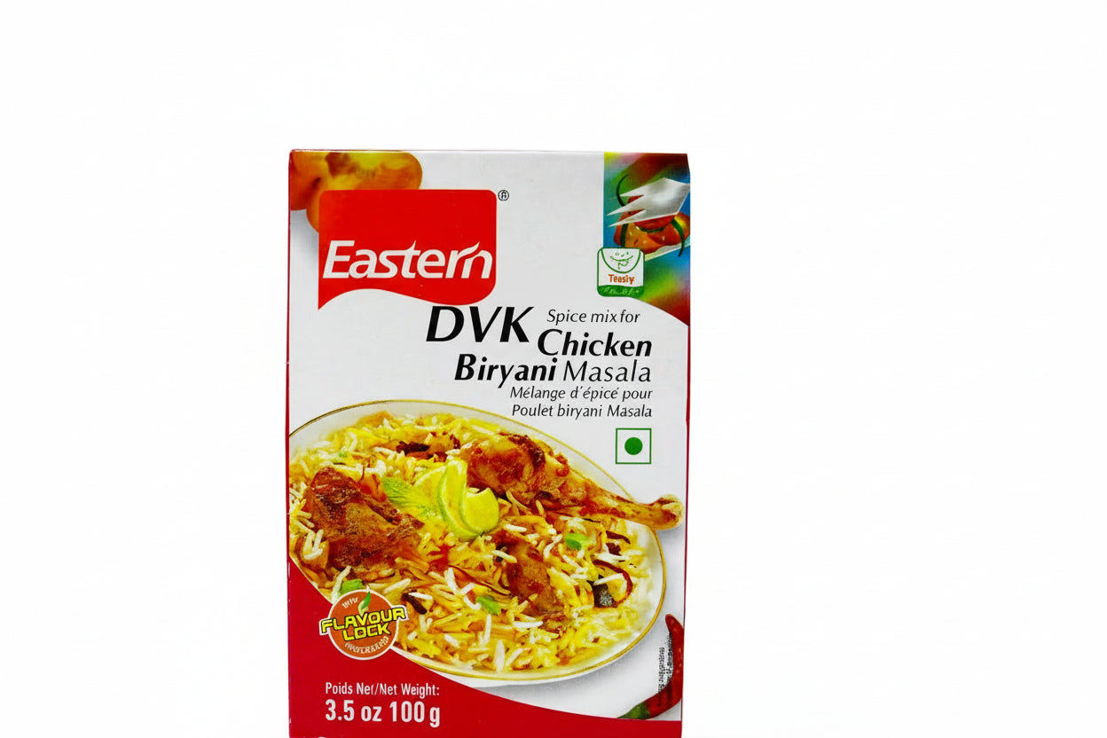 Box of Eastern DVKs Spice mix for Chicken Biryani Masala on a white background