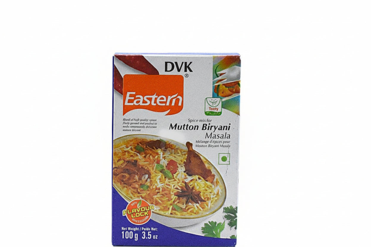 Box of Eastern Mutton Biryani Masala spice mix on a white background