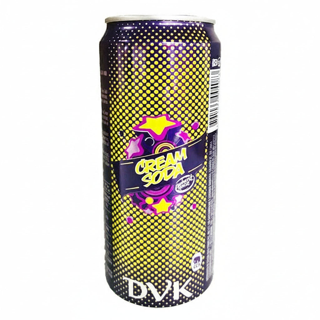 Can of Cream Soda with yellow and purple design on a white background