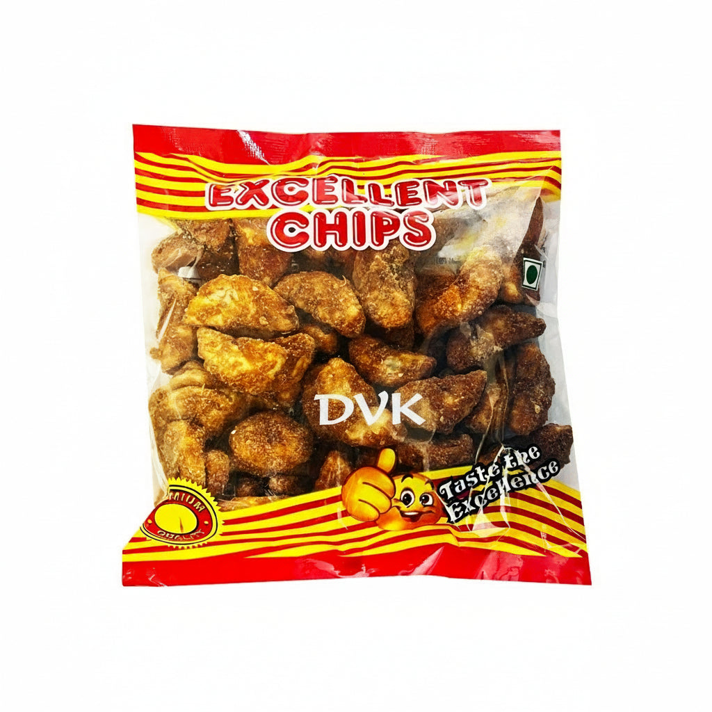Packaged snack with 'Excellent Chips' branding on a white background
