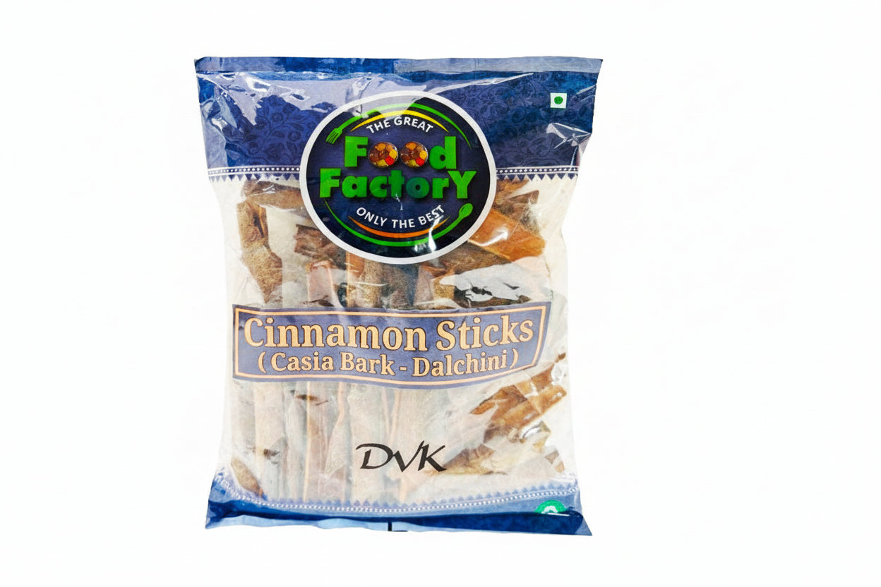 Packaged cinnamon sticks from The Great Food Factory on a white background
